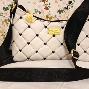 Betsey Johnson black and white quilted crossbody bag purse hearts adjustable